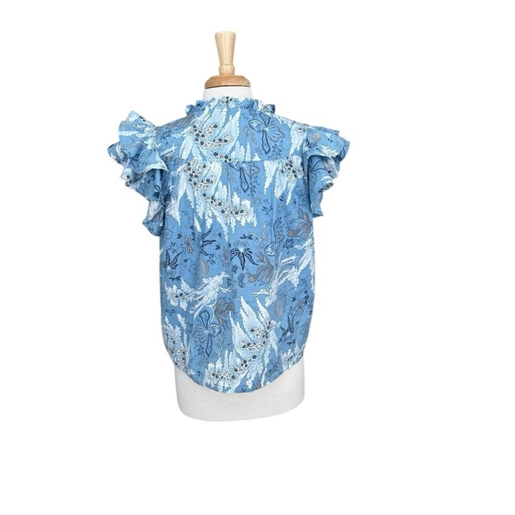 Jennifer & Grace Ruffled Floral Tie Front Blue and White Blouse Size Large - Picture 4 of 8